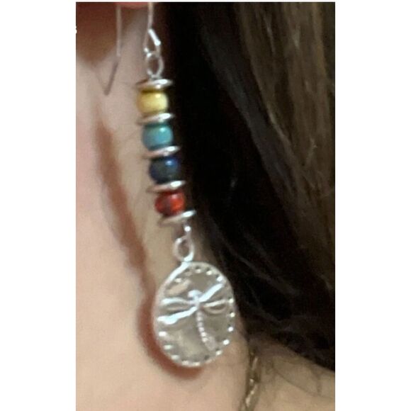 New Vintage Boho Beaded Dragonfly Pendant Earrings With Natural Stones, 1pr - Picture 3 of 7